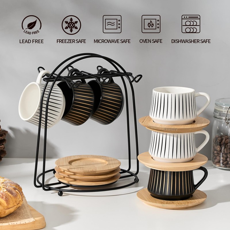 LUKA Ceramic Coffee Espresso Cups with Saucers Set with Metal