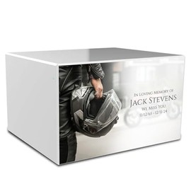 GetUrns Heritage Adult White Cremation Urn Box for Human Ashes I Biker Helmet Custom Printing Wooden Urns for Male and Female I 213lbs