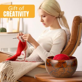 Bhartiya Handicrafts Wooden Yarn Storage Bowl, Large 7x7x4 Inches Knitting Yarn Holder for Crocheting, Crochet Bowl with Fractal Wood Burning & Blue Resin Artwork (Blue)