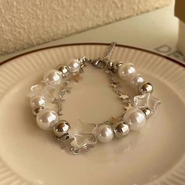 Zhang shine Y2k Bracelets Star Pearl Beaded Double-Layer Plated Chain Bracelet Grunge Aesthetic Bracelet for Women Jewelry Gifts