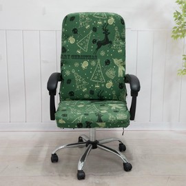 Christmas Office Chair Cover Green,Printed Elk,pinecone,Xmas tree,Snowflake,Jingle bell Stretch Computer Chair Cover Universal Removable Washable Anti-Dust Slipcovers with Zipper (L, Christmas-07)