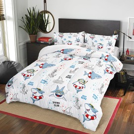 AILONEN Cartoon Shark Comforter Set Twin Size, Sharks Wearing Glasses and Swimming Rings Pattern Bedding Set for Kids Boys Girls,Soft Microfiber,3 Pieces,1 Quilt and 2 Pillowcases