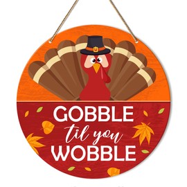 Thanksgiving Wall Decor Sign, Thanksgiving Turkey Decorations for Home Kitchen Dining Room Rustic Fall Autumn Hanging Sign Wall Decor, Gobble Til You Wobble