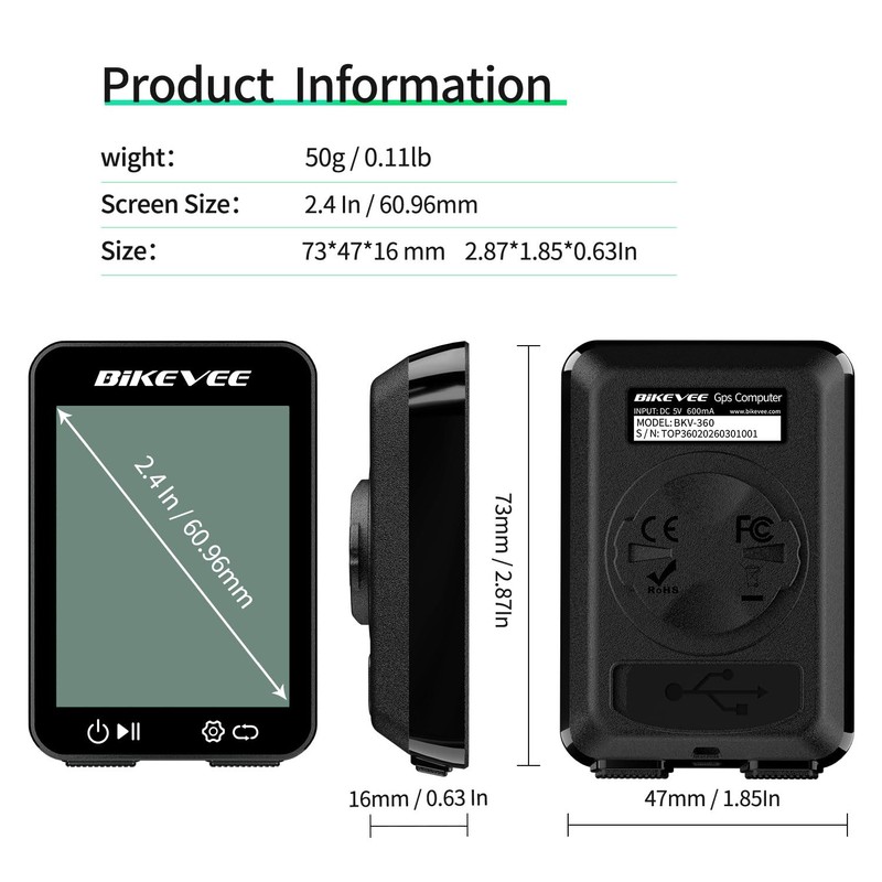 Bikevee GPS Bike Computer, 2.4" Display, IPX7, 8 Languages, Green