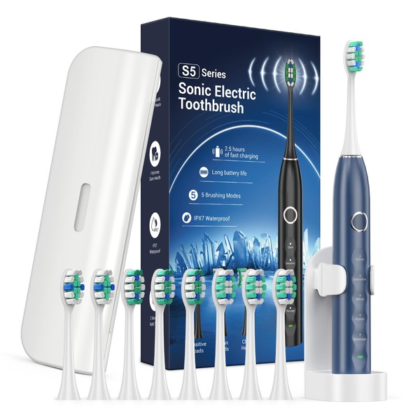 Electric Toothbrush for Adults with 8 Brush Heads, Sonic Toothbrush Rechargeable with a Holder & Travel Case, Portable Power Whitening Toothbrush with Timer, 2.5 Hours Charge for 120 Days Use - Blue