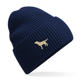 THE HOUSE OF DOG: Golden Yellow Labrador Retriever Owner Gift. Oversized Cuffed Beanie Ski Hat. Navy