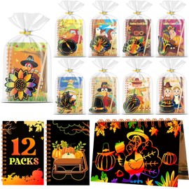 Skrajoi 12 Pack Thanksgiving Scratch Art Party Favors for Kids - Rainbow Scratch Paper with Thanksgiving Party Scratch Off Cards Easter Birthday Goodie Bags Stuffers - Return Gifts DIY Classroom Prize