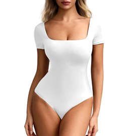 Mobeso Women's Square Neck Short Sleeve Bodysuit - Snap Closure Stretchy Body Suits for Women, Double Lined Breathable Going Out Bodysuit Tops