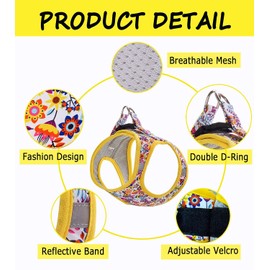 Moonpet Step in Dog Harness Leash Set- All Weather Reflective No-Pull Floral Pattern Padded Mesh Vest Harness for Cats Puppy Extra-Small Small Medium Large Dogs - White Flower - M