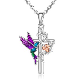 Fenthring Hummingbird Necklace for Women Hummingbird Pendant Necklace Cross Sterling Silver Blue Purple Hummingbirds Flower Jewelry Memorial Mothers Day Christmas Gifts