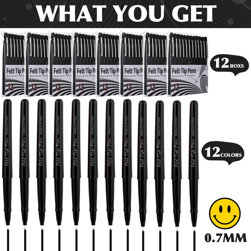 MotiMind 96 Pcs Black Felt Tip Pens 0.7mm Medium Point