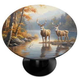 Fitted Round Tablecloth with Elastic Edge Autumn Deer Circle Table Cover Stain Wrinkle Resistant Washable 45-50 Inch Oil Cloth Summer Tablecloth for Kitchen Outdoor Party Picnic Decor