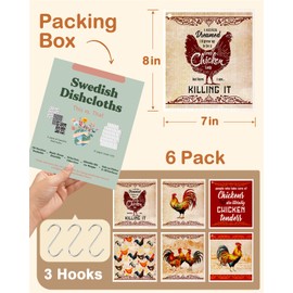 Miss Adola Swedish Dishcloths for Kitchen - Reusable 6 Pack Swedish Dish Cloths with Hook Fast Drying Swedish Towels for Washing Dishes Cute Funny Swedish Cleaning Sponge Cloths, Red Chicken