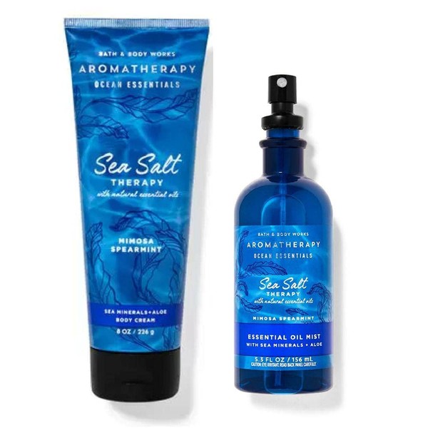 Bath and Body Works Aromatherapy Sea Salt Therapy Mimosa Spearmint Sea Minerals Aloe Body Cream and Essential Oil Mist Set, 8 Ounce