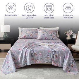 QSH Gray Floral Egyptian Cotton Sheets King Size,Luxury Silk Feel Botanical Flowers Pattern Printed Bed Sheets Sets King Size Aesthetic Soft and Breathable 17.5" Deep Pockets Bedding Sheets 4pcs