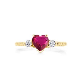 AFFY Heart Simulated Ruby & Sparkling Cubic Zirconia Beaded Heart Solitaire Promise Ring 14k Yellow Gold Over Sterling Silver Jewelry Gift for Women Ring Size-7.5