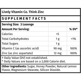 Lively Vitamin Co. Think Zinc - Vitamin C - Lemon - Honey - Immune Function - Health - Chelated Mineral Have Superior Absorption - Cold - Cough - Sick - Illness - Antioxidant - 60 Lozenges