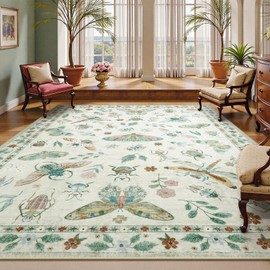 Beeiva Insect Print Rug 8x10, Washable Large Area Rugs for Bedroom Under Bed, Non Slip Soft Low Pile Ultra Thin Foldable Carpet for Office, Kids Room, Playroom, Nursery, Dining Room - Beige