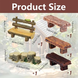 Miniature Accessories for Fairy Garden - Wooden Bench, Tree Trunk Bridge & Double Bench Set - 1:12 Scale - 4 Pieces - DIY Garden Decoration, Fairy Tale Figures Accessories, for Miniature Worlds & Dollhouses