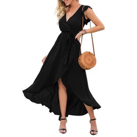 GRECERELLE Women's Summer Casual Cross V Neck Dress Bohemian Flowy Long Maxi Dress Black-Small