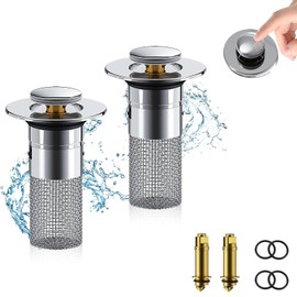 Yuaiosn Pack of 2 Stainless Steel Drain Filter, Sink Stopper for 34-40 mm Drain Drain, Universal Pop Up Drain Strainer Sink, Strainer Plug with Hair Strainer for Drain Plug on the Worktop