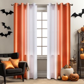 Melodieux Linen Ombre Semi Sheer Curtains 96 Inches Long for Living Room, Orange White Horizontal Gradient Grommet Voile Drapes, 52 x 96 Inch, 2 Panels