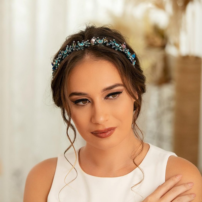 Formery Blue Rhinestone Flower Headband Black Crystal Bead Flowers Hairband