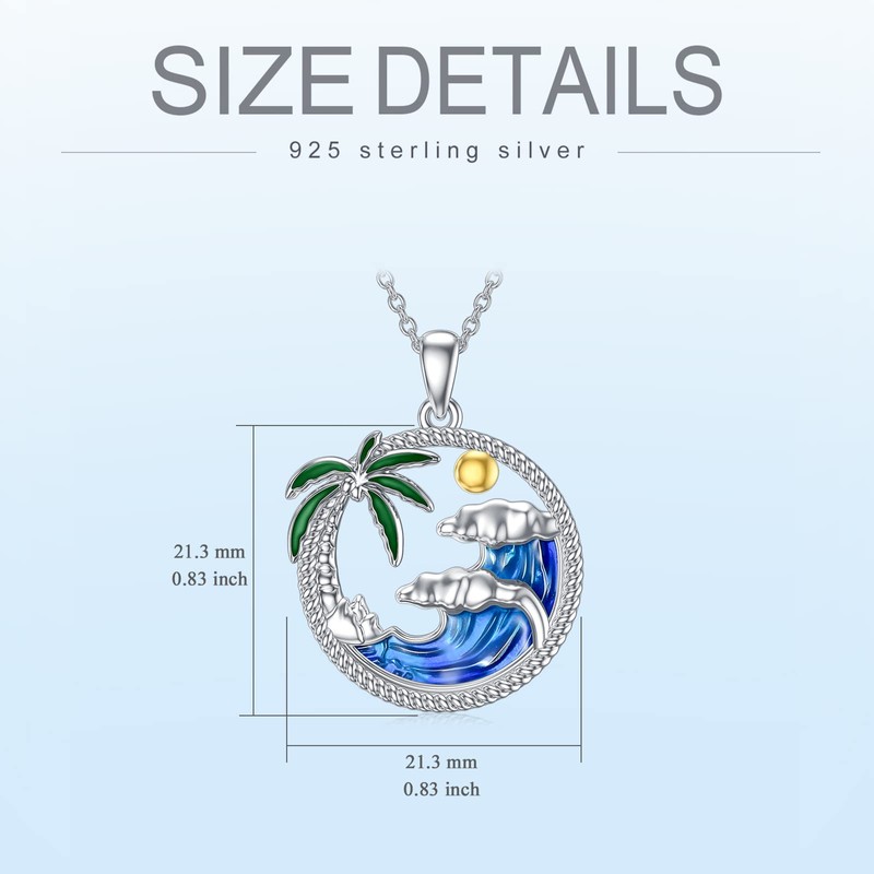 PROESS Ocean Wave Necklace Sterling Silver Palm Tree Pendant Necklace