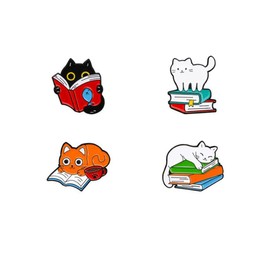 lihonzhi 4pcs Cat Book Enamel Lapel Pins Cute Animal Cat Brooch Metal Brooch Cat Reading Book Collar Pin Cartoon DIY Decorative Lapel Metal Badges Pin Book Lovers Jewelry Gifts Women Men Kids Hats