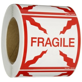 Aviditi Tape Logic 4" x 4","Fragile" Red/White Warning Sticker, for Shipping, Handling, Packing, and Moving (1 Roll of 500 Labels)