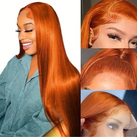 Fiumer Ginger Wig Human Hair 13x4 Straight Ginger Orange Lace Front Wigs Human Hair HD Transparent Lace Frontal 350 Colored Human Hair Wig Pre Plucked With Baby Hair 180% Density 26inch