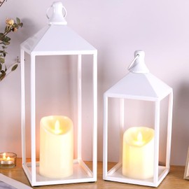 MATAHUM 2 linternas vintage de granja con LED parpadeantes sin llama, linternas de metal blanco para bodas, chimeneas o centros de mesa, linterna decorativa para colgar al aire libre