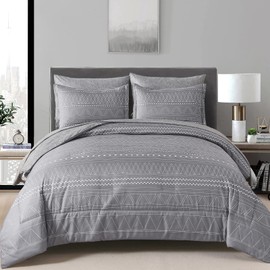 WONGS BEDDING 7 Pieces Grey Boho Comforter Set King Size,Dark Grey Texture Geometric Bed in a Bag Comforter Reversible Soft Microfiber Bedding Set with Pillowcases & Shams,Flat Sheet,Fitted Sheet