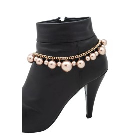 Unbranded Women Gold Metal Chain Boot Bracelet Anklet Shoe Bronze Pearl Bead Charm Dressy