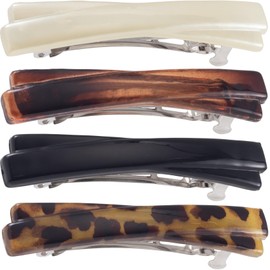 Winsyison 4pcs French Barrettes for Women, Non-Slip Tortoise Shell Hair Clips, Curved Glossy Hairpins Styling Tool for Long Short Straight Curly Wave Hair- Black & White & Leopard Color & Amber