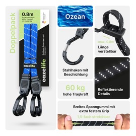 Set of 2 Rubber Tension Straps, Adjustable, Wide Band Expander with Metal Hooks, Strong Resilient for Car, Bicycle and Outdoor Activities (10 Colours, 3 Lengths) (Ocean, 80 cm)