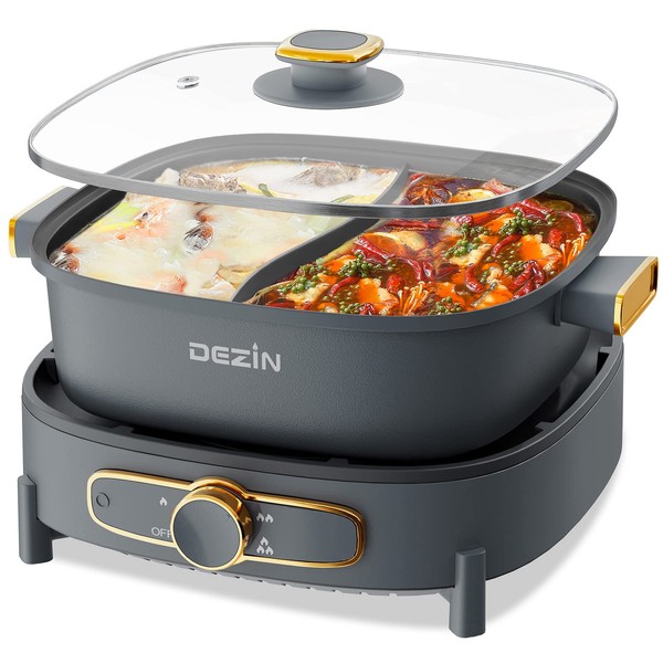 Dezin Hot Pot Electric with Divider, 5L Double-Flavor Electric Shabu Shabu Pot, Removable Non-Stick Dual Sided Cooker, 3" Depth Divided Pot with Multi-Power Control, 2 Silicone Ladles Included