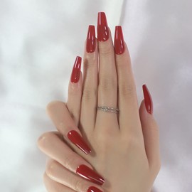 LINSSQ Glossy Red Press on Nails, Medium Length Coffin False Nails, Beauty Solid Color Manicure Reusable UV Gel Fake Finger Nail Art for Daily Office Party