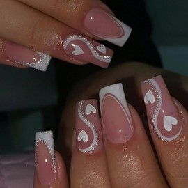 Long Press on Nails Glitter Heart Full Cover Fake Nails Artificial Square French Tip Acrylic Nails Glossy Pink with Silver Glitter Line Designs False Nails Valentines Heart Powder Glue on Nails