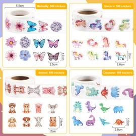 ZXShow Pack of 2000 Round Cartoon Animal Stickers Unicorn Sticker Roll Butterflies Dinosaur Children Sticker Roll for Reward, Decoration, School, Gift, DIY