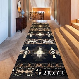 YHSF South West Native American Area Rug C318 - Easy Clean, Thick, Soft, Durable Native Tribal American Indian Inspired Rug for Bedroom/Living Room and More - Black, 2 Feet x 7 Feet