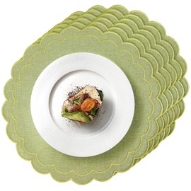 ElasignShopo Set of 6 Cotton Linen Placemats, 15" Scalloped Flower Embroidery Cloth Table Mats Double Layered Fabric Machine Washable Wrinkle Free Dining Placemat for Hotel Restaurant Kitchen, Green