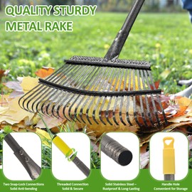 Vorhomness Garden Leaf Rake Set with 25 Tines, Heavy Duty Metal Rake for Leave (Adjustable 73" Long, 18" Wide) with 32 Gallon Reusable Leaf Bag, Ideal for Yard Lawn Shrub Gardening