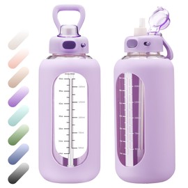 SIEROZUR 64 oz Glass Water Bottle with Straw and Handle Half Gallon Large Water Bottle with Silicone Sleeve and Time Marker Sports Water Jug Wide Mouth for Travel Gym