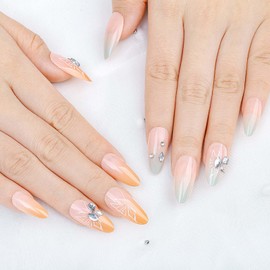 Sethexy Short Oval Nails Press On Colour Gradient Rhinestone Fake Nail French Butterfly False Nails Glitter Crystal Nail Glue for Women and Girls 24 Pieces