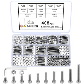 Ewwtrey 408 Pcs M4 Bolts and Nuts Set, M4 Nuts and Bolts Set, Hex Socket Cap Head Screws Bolts and Nuts and Washers Assorted Kit, Machine Bolts for Bicycle Motorcycle Fastener Repair Bolts(Silver M4)