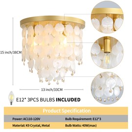TRIBILLION Colorful Bedroom Chandelier Capiz Shell D7.6 H10.9 Mini Wind Chimes Hanging Swag Farmhouse Light Fixture for Kitchen, Bathroom, Stairwell
