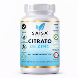 Citrato de Zinc | 15 mg de Zinc Elemental por Cápsula | 120 Cápsulas | Saisa Herbal | Suplemento Alimenticio