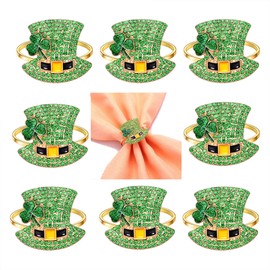 8Pcs St Patrick's Day Napkin Rings Rhinestone Top Hat Metal Serviette Buckles Holder Crystal Green Leprechaun Hat Napkin Holder for Irish Holidays Party Dinner Table Decoration