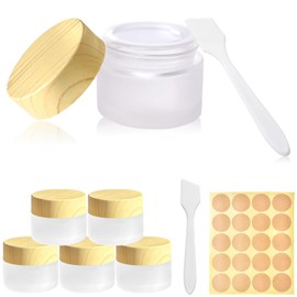 Bigwinyep 1/2 oz Glass Jars with Lids 4Pcs Frosted Glass Lip Balm Containers Cosmetic Containers Empty Sample Jars for Lotion Cream Lip Balm Eyeshadow, with Spatulas, Stickers